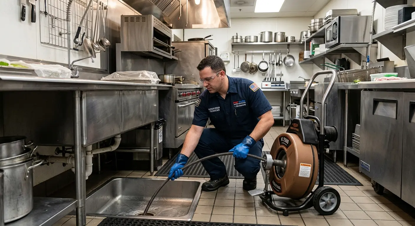 Commercial drain cleaning service in a restaurant kitchen in Lake of the Woods
