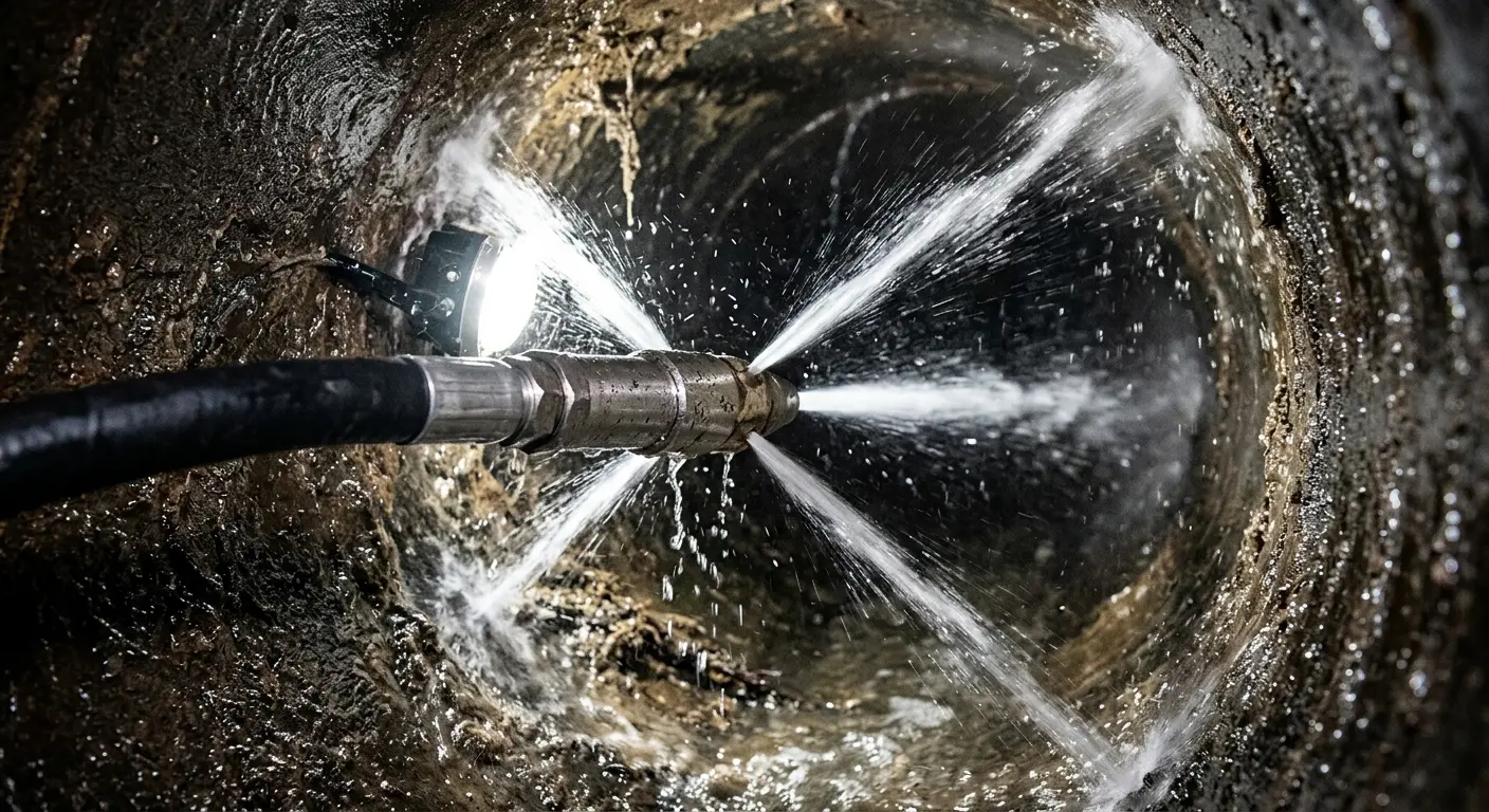 High-pressure hydro jetting nozzle cleaning sewer pipe for Sewer Cleanout in Lake of the Woods